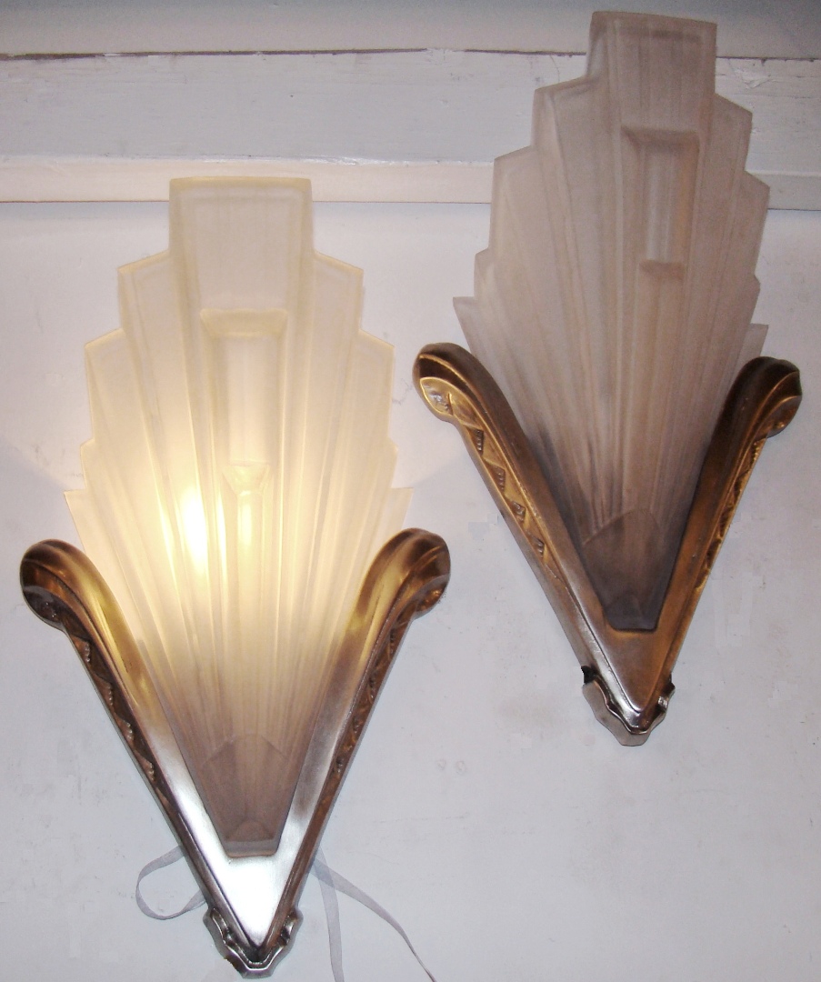 French Art Deco Geometric Frosted Glass and Nickel Sconces Modernism